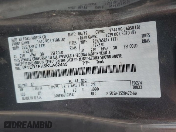 2019 Ford Ranger XL with VIN 1FTER1FH5KLA62445, listed as a Copart auction lot 47542895 with 91,893 mi miles and Non Repairable. Bid and sale history available at DreamBid. Image 12.