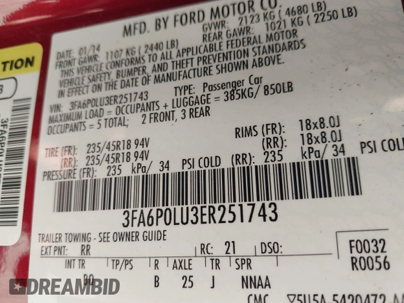 2014 Ford Fusion SE Hybrid with VIN 3FA6P0LU3ER251743, listed as a IAAI auction lot 41625631 with 136,355 mi miles. Bid and sale history available at carsss.com. Image 9.