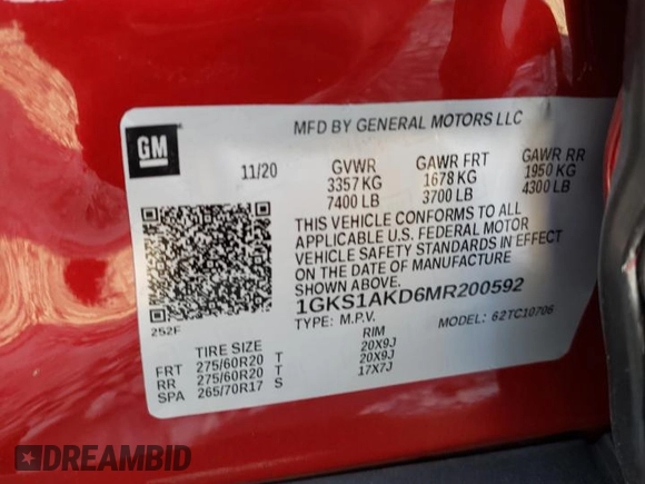 2021 GMC Yukon SLE with VIN 1GKS1AKD6MR200592, listed as a Copart auction lot 74764814 with 61,904 mi miles and Salvage Title. Bid and sale history available at carsss.com. Image 15.