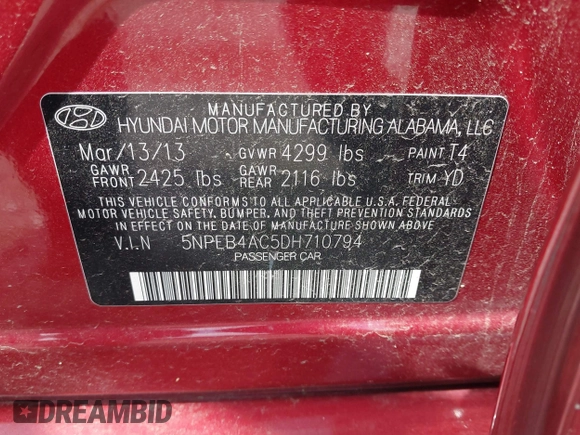 2013 Hyundai Sonata GLS with VIN 5NPEB4AC5DH710794, listed as a IAAI auction lot 42171048 with 100,099 mi miles and . Bid and sale history available at carsss.com. Image 9.
