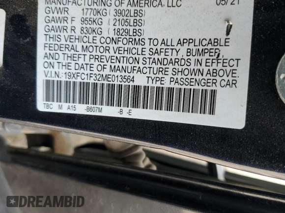 2021 Honda Civic Sedan EX with VIN 19XFC1F32ME013564, listed as a Copart auction lot 50662605 with 25,491 mi miles and Salvage Title. Bid and sale history available at carsss.com. Image 14.