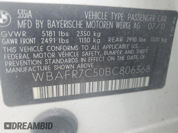 2011 BMW 5 Series 535i with VIN WBAFR7C50BC806368, listed as a Copart auction lot 51982855 with 108,705 mi miles and Salvage Title. Bid and sale history available at carsss.com. Image 14.