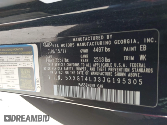 2018 Kia Optima LX with VIN 5XXGT4L33JG195305, listed as a IAAI auction lot 41943348 with 174,458 mi miles. Bid and sale history available at carsss.com. Image 9.