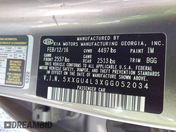 2016 Kia Optima EX with VIN 5XXGU4L3XGG052034, listed as a IAAI auction lot 41506088 with 87,509 mi miles and . Bid and sale history available at DreamBid. Image 9.
