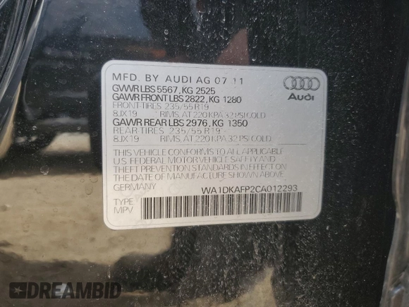 2012 Audi Q5 3.2L Premium Plus with VIN WA1DKAFP2CA012293, listed as a Copart auction lot 48667155 with 123,719 mi miles and Salvage Title. Bid and sale history available at carsss.com. Image 13.