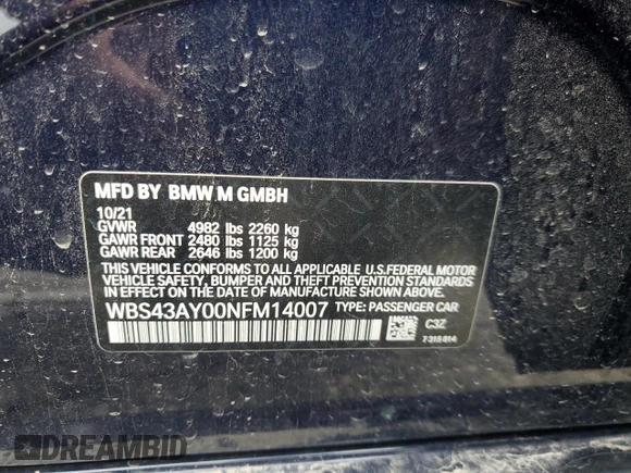 2022 BMW M3 Competition xDrive with VIN WBS43AY00NFM14007, listed as a Copart auction lot 62390405 with 20,668 mi miles and Salvage title. Bid and sale history available at DreamBid. Image 13.