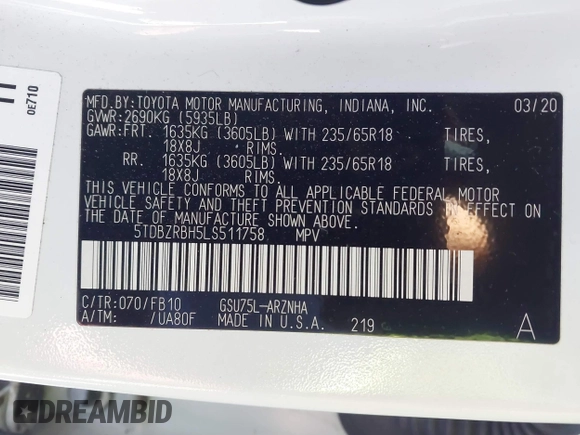 2020 Toyota Highlander LE with VIN 5TDBZRBH5LS511758, listed as a IAAI auction lot 41432586 with 76,214 mi miles and . Bid and sale history available at DreamBid. Image 9.