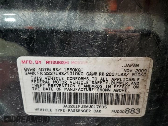 2010 Mitsubishi Lancer DE with VIN JA32U1FU5AU017835, listed as a Copart auction lot 87632195 with 122,600 mi miles and Salvage Title. Bid and sale history available at carsss.com. Image 14.