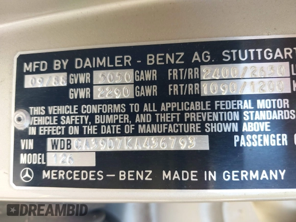 1989 Mercedes-Benz 560 with VIN WDBCA39D7KA436793, listed as a IAAI auction lot 42190980 with 141,165 mi miles and . Bid and sale history available at DreamBid. Image 9.