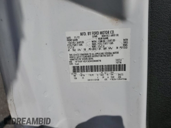 2013 Ford F-150 XL с VIN 1FTMF1EF3DKD68878, выставлен на аукционе Copart как лот 57161805 с пробегом 201 333 миль миль и Списание • Salvage title. История ставок и продаж доступна на DreamBid. Изображение 13.