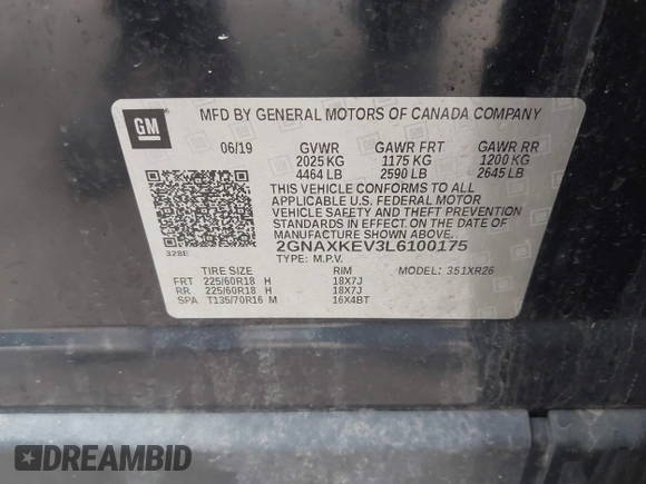 2020 Chevrolet Equinox LT z VIN 2GNAXKEV3L6100175, wystawiony jako IAAI lot #42151713 z przebiegiem 56 603 mil mil oraz . Historia ofert i sprzedaży dostępna na DreamBid. Obrazek 9.