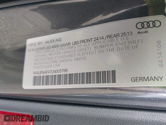 2020 Audi A4 Premium Plus z VIN WAUENAF47LN003795, wystawiony jako IAAI lot #41191479 z przebiegiem 105 196 mil mil oraz . Historia ofert i sprzedaży dostępna na DreamBid. Obrazek 9.