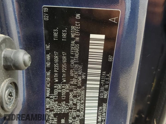 2019 Toyota Sienna LE Auto Access Seat with VIN 5TDKZ3DC1KS008614, listed as a Copart auction lot 54480165 with 114,320 mi miles and Salvage title. Bid and sale history available at DreamBid. Image 14.
