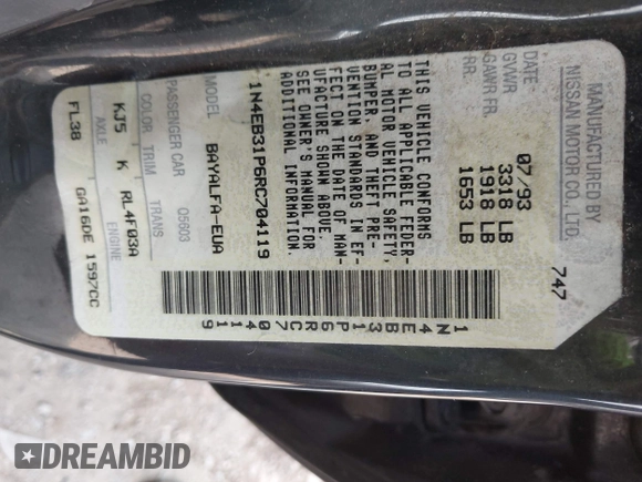1994 Nissan Sentra with VIN 1N4EB31P6RC704119, listed as a IAAI auction lot 42479000 with 49,512 mi miles and . Bid and sale history available at DreamBid. Image 9.