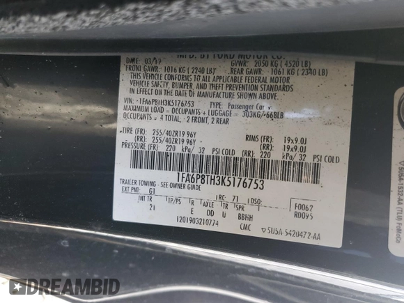 2019 Ford Mustang EcoBoost with VIN 1FA6P8TH3K5176753, listed as a Copart auction lot 46191205 with Not Provided miles and Salvage Title. Bid and sale history available at carsss.com. Image 12.