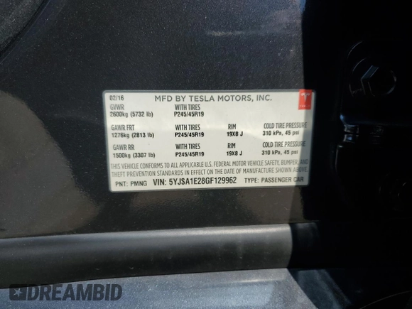 2016 Tesla Model S 90D с VIN 5YJSA1E28GF129962, выставлен на аукционе Copart как лот 59973365 с пробегом 57 944 миль миль и Списание • Salvage title. История ставок и продаж доступна на DreamBid. Изображение 12.