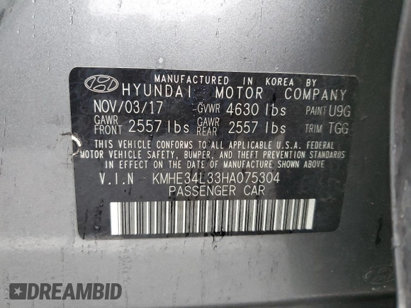 2017 Hyundai Sonata Hybrid Limited with VIN KMHE34L33HA075304, listed as a Copart auction lot 42200613 with 0 mi miles. Bid and sale history available at carsss.com. Image 13.