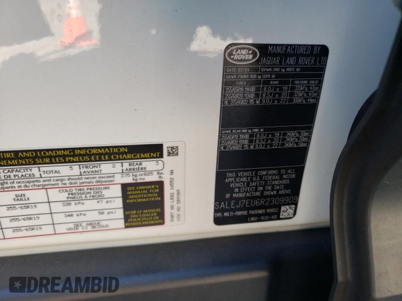 2024 Land Rover Defender S with VIN SALEJ7EU6R2309909, listed as a Copart auction lot 82152564 with 4,446 mi miles and Non repairable. Bid and sale history available at DreamBid. Image 14.