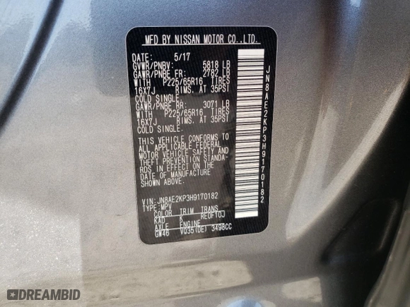 2017 Nissan Quest SV with VIN JN8AE2KP3H9170182, listed as a Copart auction lot 61526622 with 80587 miles. Bid and sale history available at carsss.com. Image 10.