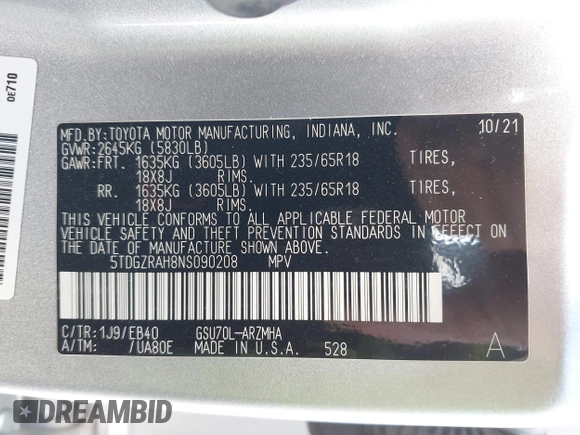 2022 Toyota Highlander XLE z VIN 5TDGZRAH8NS090208, wystawiony jako IAAI lot #41711763 z przebiegiem 64 843 mil mil oraz . Historia ofert i sprzedaży dostępna na DreamBid. Obrazek 9.