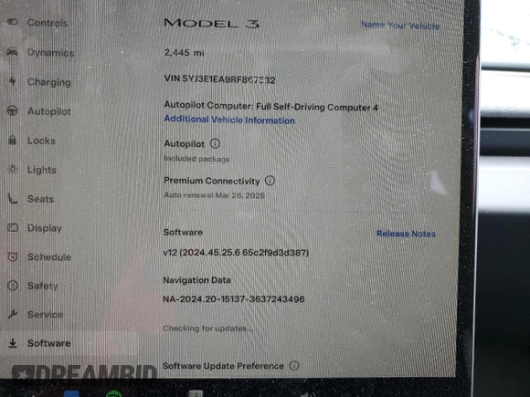2024 Tesla Model 3 with VIN 5YJ3E1EA9RF867532, listed as a Copart auction lot 47814555 with 2,445 mi miles and Salvage Title. Bid and sale history available at DreamBid. Image 9.