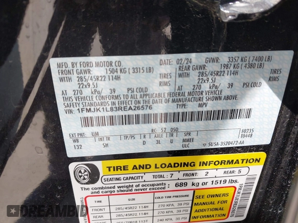 2024 Ford Expedition Max Platinum with VIN 1FMJK1L83REA26576, listed as a IAAI auction lot 42216188 with 9,005 mi miles and . Bid and sale history available at DreamBid. Image 9.