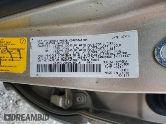 2002 Lexus RX 300 with VIN JTJHF10U920285016, listed as a Copart auction lot 56587545 with 187,124 mi miles and Clean Title. Bid and sale history available at DreamBid. Image 13.