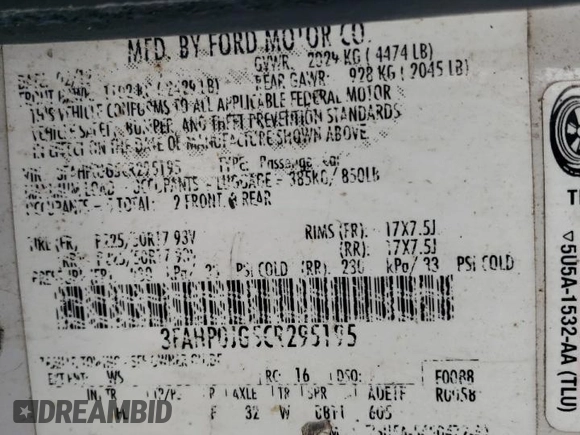 2012 Ford Fusion SEL with VIN 3FAHP0JG5CR295195, listed as a Copart auction lot 62272885 with 177,193 mi miles and Salvage title. Bid and sale history available at DreamBid. Image 12.