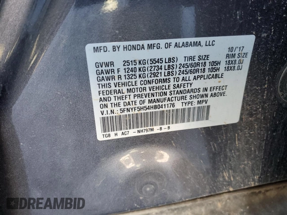 2017 Honda Pilot EX-L with VIN 5FNYF5H54HB041176, listed as a Copart auction lot 45532515 with Not Provided miles and Salvage Title. Bid and sale history available at carsss.com. Image 14.
