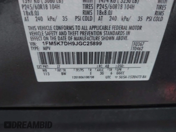 2018 Ford Explorer XLT with VIN 1FM5K7DH9JGC25899, listed as a IAAI auction lot 41661895 with 59,397 mi miles and . Bid and sale history available at DreamBid. Image 9.