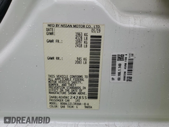 2019 Nissan Altima 2.5 SL with VIN 1N4BL4EV0KC242855, listed as a Copart auction lot 47039345 with 94,620 mi miles and Clean Title. Bid and sale history available at carsss.com. Image 12.