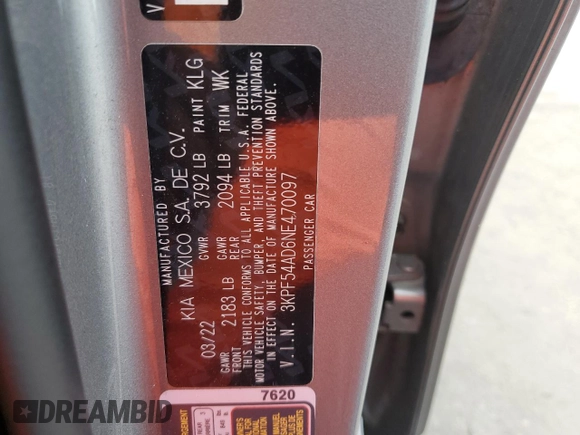 2022 Kia Forte GT-Line with VIN 3KPF54AD6NE470097, listed as a Copart auction lot 51766745 with 63,281 mi miles and Non Repairable. Bid and sale history available at carsss.com. Image 14.