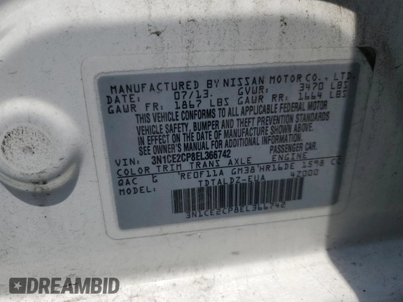 2014 Nissan Note S with VIN 3N1CE2CP8EL366742, listed as a Copart auction lot 60892485 with 173,430 mi miles and Salvage title. Bid and sale history available at DreamBid. Image 12.