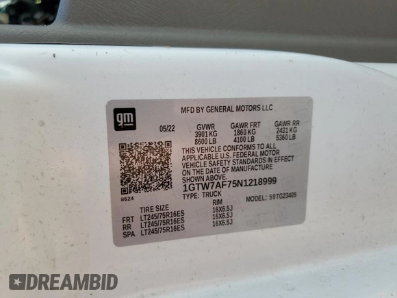 2022 GMC Savana Cargo z VIN 1GTW7AF75N1218999, wystawiony jako Copart lot #67102284 z przebiegiem Nie podano mil oraz Czysty tytuł • Clean title. Historia ofert i sprzedaży dostępna na DreamBid. Obrazek 14.
