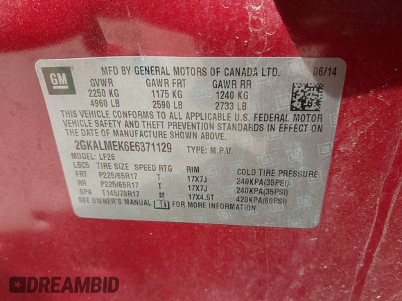2014 GMC Terrain SLE with VIN 2GKALMEK6E6371129, listed as a IAAI auction lot 42139987 with 78,805 mi miles and . Bid and sale history available at DreamBid. Image 9.
