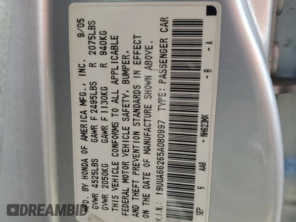 2005 Acura TL with VIN 19UUA66265A080997, listed as a Copart auction lot 53651795 with 87,424 mi miles and Salvage Title. Bid and sale history available at carsss.com. Image 12.