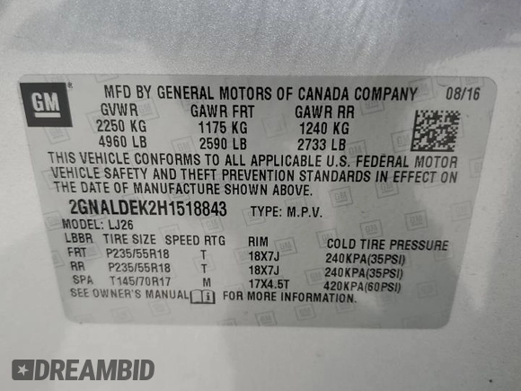 2017 Chevrolet Equinox Premier with VIN 2GNALDEK2H1518843, listed as a Copart auction lot 50870555 with 98,594 mi miles and Salvage Title. Bid and sale history available at DreamBid. Image 15.