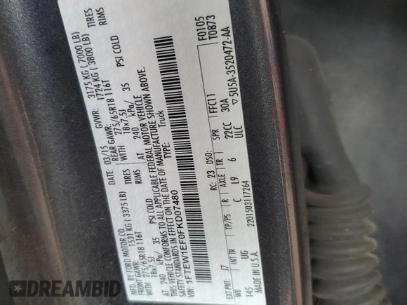 2015 Ford F-150 XLT z VIN 1FTEW1EF0FKD07480, wystawiony jako Copart lot #63492905 z przebiegiem Nie podano mil oraz Szkoda całkowita • Salvage title. Historia ofert i sprzedaży dostępna na DreamBid. Obrazek 12.