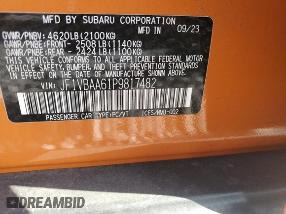 2023 Subaru WRX with VIN JF1VBAA61P9817482, listed as a Copart auction lot 74852794 with 6,127 mi miles and Salvage title. Bid and sale history available at DreamBid. Image 12.