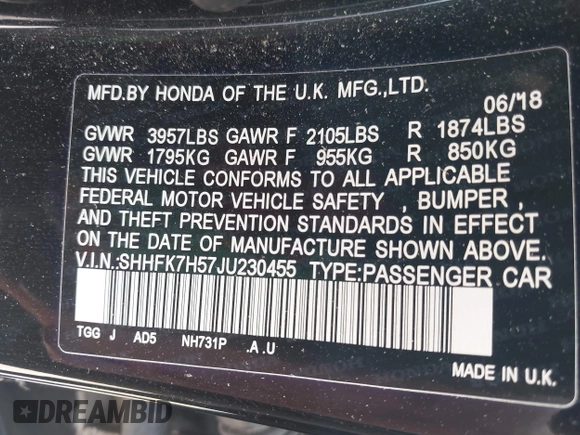 2018 Honda Civic EX z VIN SHHFK7H57JU230455, wystawiony jako IAAI lot #42328392 z przebiegiem 86 867 mil mil oraz . Historia ofert i sprzedaży dostępna na DreamBid. Obrazek 9.