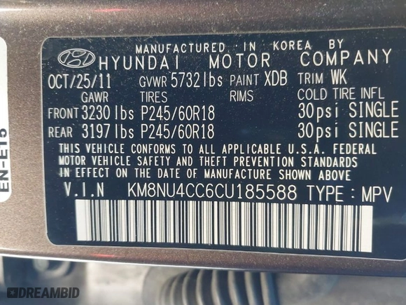 2012 Hyundai Veracruz Limited with VIN KM8NU4CC6CU185588, listed as a IAAI auction lot 41455986 with 175,675 mi miles. Bid and sale history available at carsss.com. Image 9.