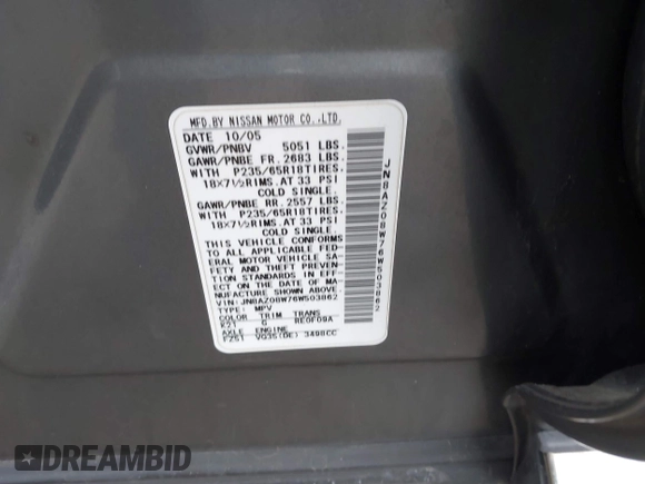 2006 Nissan Murano SL with VIN JN8AZ08W76W503862, listed as a IAAI auction lot 41925817 with Not Provided miles and . Bid and sale history available at DreamBid. Image 9.