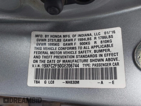 2016 Honda Civic Sedan LX with VIN 19XFC2F50GE206744, listed as a IAAI auction lot 42007430 with 49,391 mi miles. Bid and sale history available at carsss.com. Image 9.