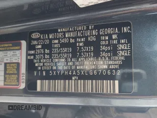 2020 Kia Sorento EX with VIN 5XYPH4A5XLG670632, listed as a Copart auction lot 57707785 with 70,195 mi miles and Salvage title. Bid and sale history available at DreamBid. Image 13.