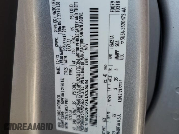 2014 Ford Escape S with VIN 1FMCU0F7XEUC05584, listed as a Copart auction lot 49280895 with 0 mi miles and Clean Title. Bid and sale history available at carsss.com. Image 13.