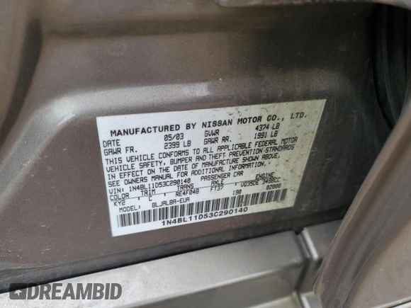 2003 Nissan Altima SE z VIN 1N4BL11D53C290140, wystawiony jako Copart lot #54163955 z przebiegiem 183 313 mil mil oraz Szkoda całkowita • Salvage title. Historia ofert i sprzedaży dostępna na DreamBid. Obrazek 12.