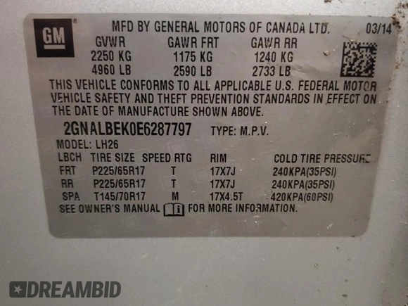 2014 Chevrolet Equinox LT with VIN 2GNALBEK0E6287797, listed as a Copart auction lot 54894885 with 125,165 mi miles and Salvage Title. Bid and sale history available at carsss.com. Image 14.