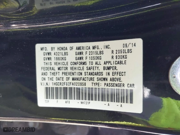 2015 Honda Accord Sedan EX-L with VIN 1HGCR2F80FA020958, listed as a IAAI auction lot 41834824 with 118,796 mi miles. Bid and sale history available at carsss.com. Image 9.