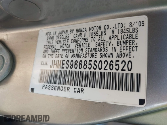 2005 Honda Civic with VIN JHMES96685S026520, listed as a IAAI auction lot 41818392 with 193,805 mi miles and . Bid and sale history available at DreamBid. Image 9.