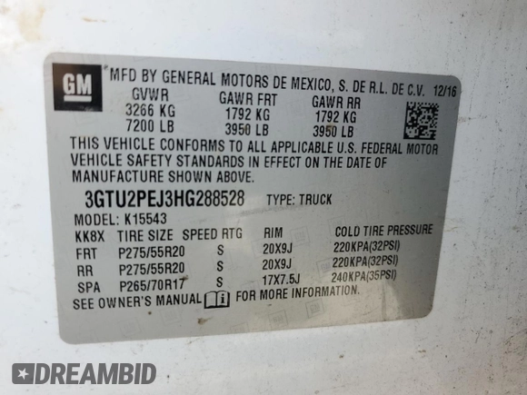 2017 GMC Sierra 1500 Denali with VIN 3GTU2PEJ3HG288528, listed as a Copart auction lot 42404065 with 136,677 mi miles and Clean Title. Bid and sale history available at DreamBid. Image 12.